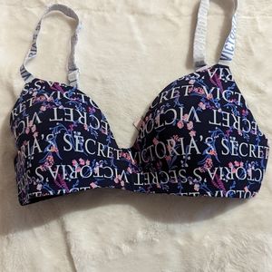 Victoria's Secret Blue with Pink Logo Print Unlined No Wire 34D Bra